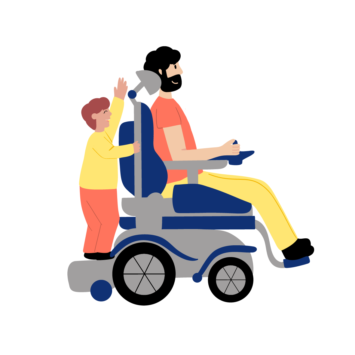 Illustration représentant un père en fauteuil roulant et de son enfant se promenant ensemble, symbolisant la transition de l'enfance à l'adolescence.