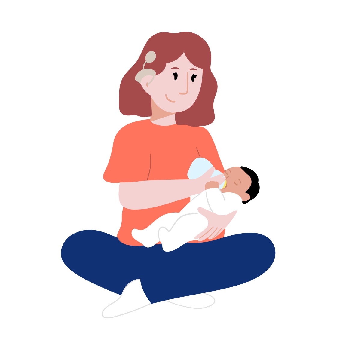 Illustration représentant une mère tenant un bébé dans ses bras, symbolisant le retour à la maison après la naissance.