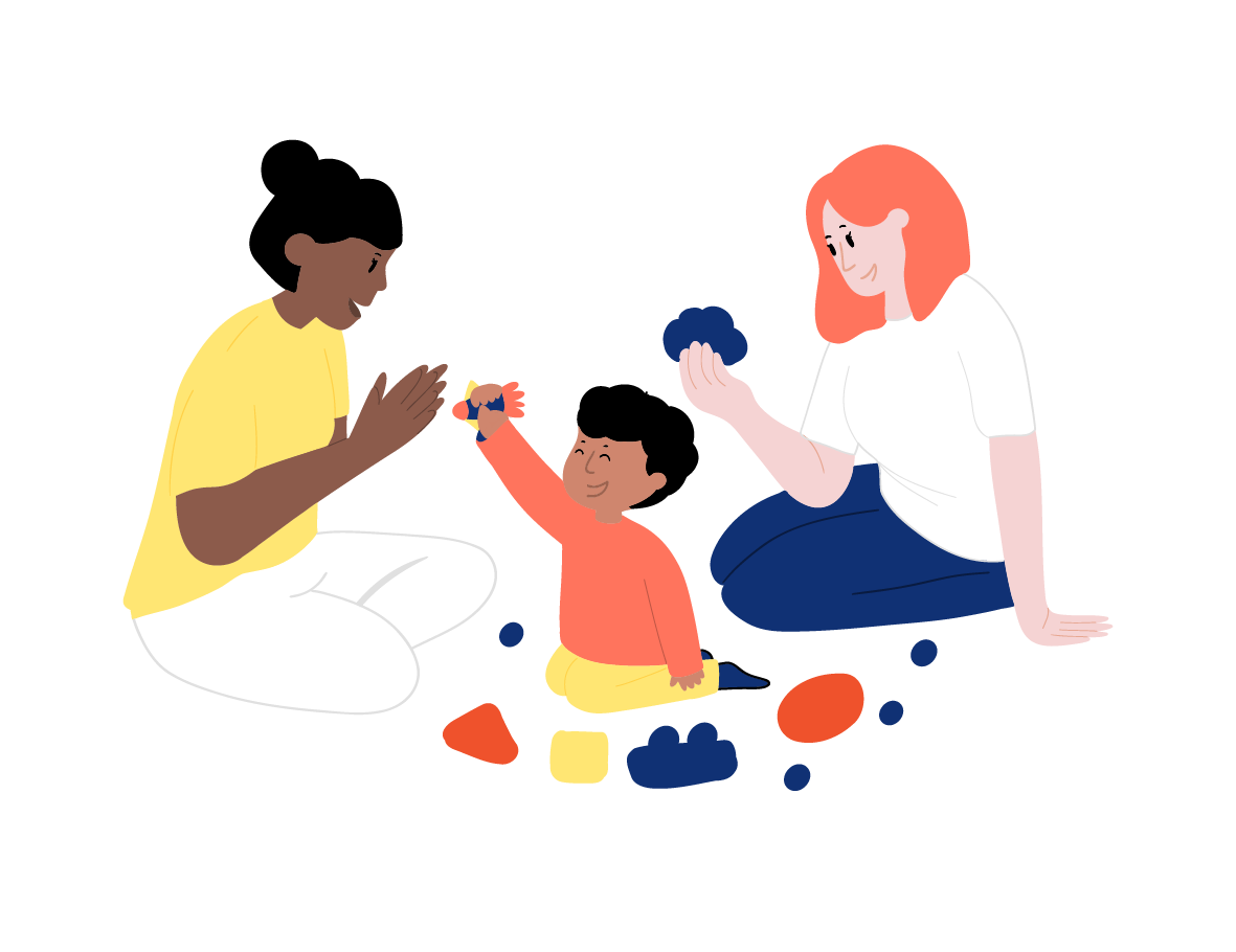 Illustration d'une mère et de son enfant jouant ensemble avec des jouets colorés, représentant les premiers mois de l'enfant