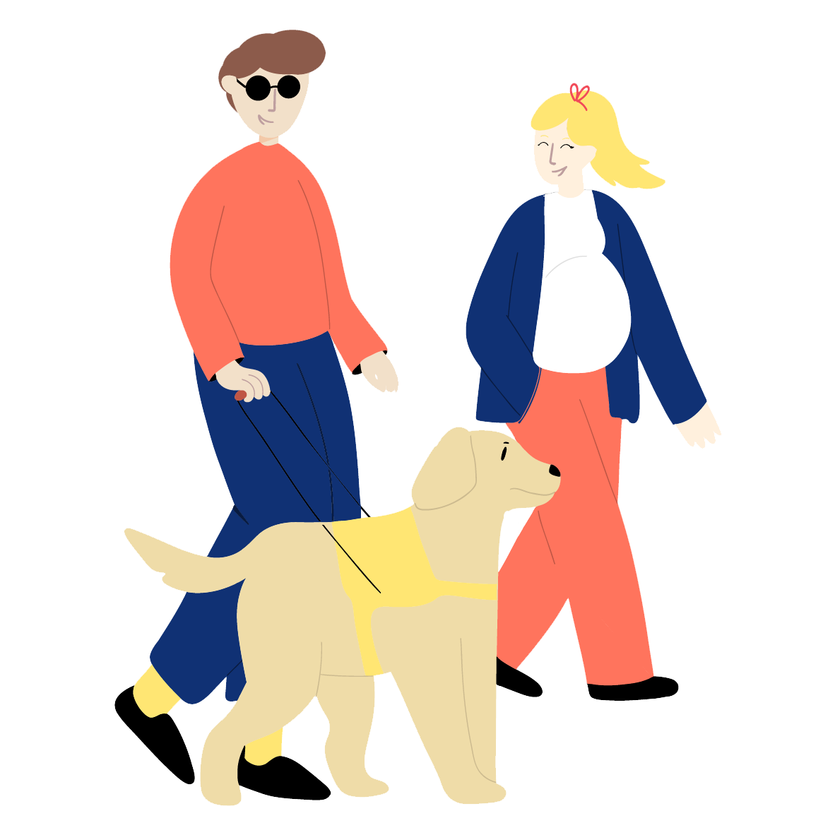 Illustration représentant deux adultes, un homme et une femme, se préparant à être parents avec un chien à leurs côtés