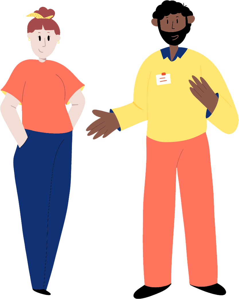 Illustration représentant deux personnes, une femme aux cheveux courts et un homme avec des cheveux crépus portant un badge, engagés dans une conversation, représentant un échange ou une discussion professionnel.