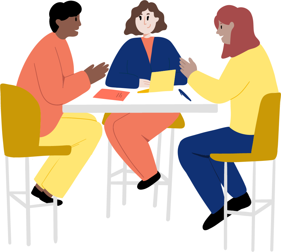 Illustration représentant trois personnes assises à une table de réunion