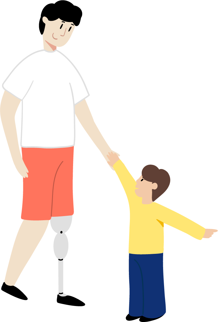 Illustration d'un adulte avec une prothèse de jambe marchant main dans la main avec un enfant, symbolisant le soutien et l'accompagnement