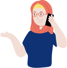 Illustration d'une femme portant un hijab et tenant un téléphone tout en parlant, symbolisant la communication."