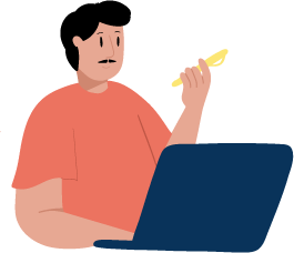Illustration d'un homme tenant un stylo dans sa main, assis devant un ordinateur portable.