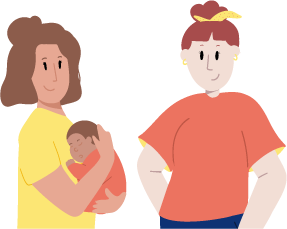 Illustration représentant deux femmes de face. Celle de gauche tient un bébé dans les bras. 