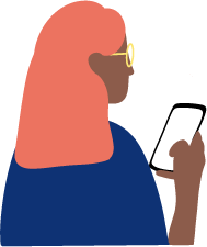 Illustration d'une femme aux cheveux longs et colorés, utilisant son téléphone, symbolisant la consultation numérique.